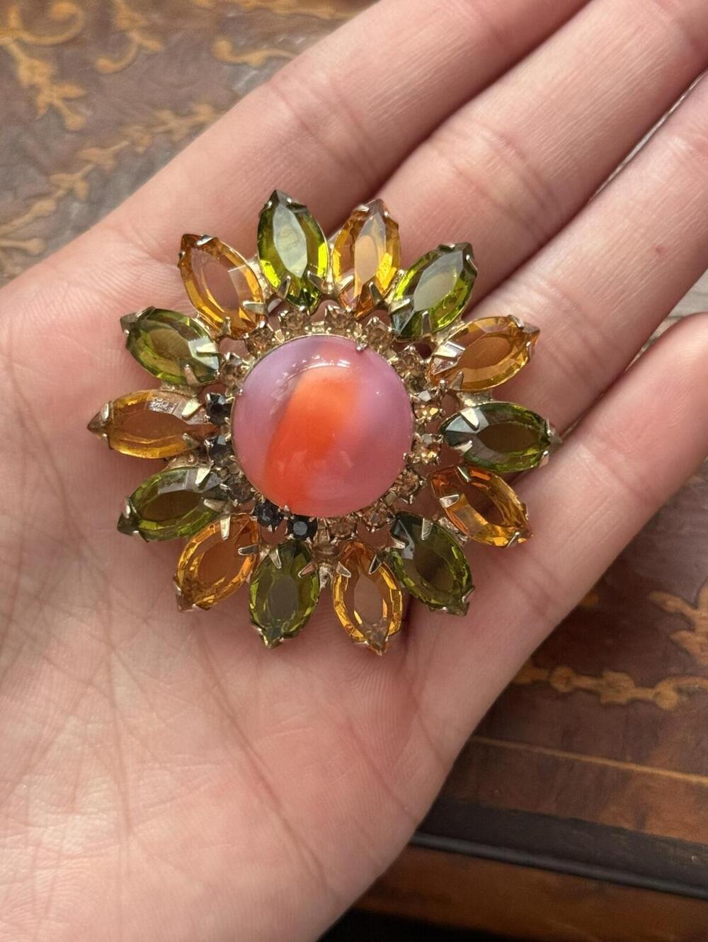 Vintage Glass Orange & Green colorful Brooch